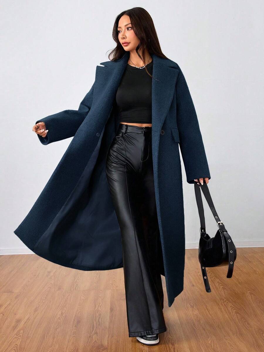 Jolie Oversized Double Breasted Long Coat with Lapel Collar - Navy