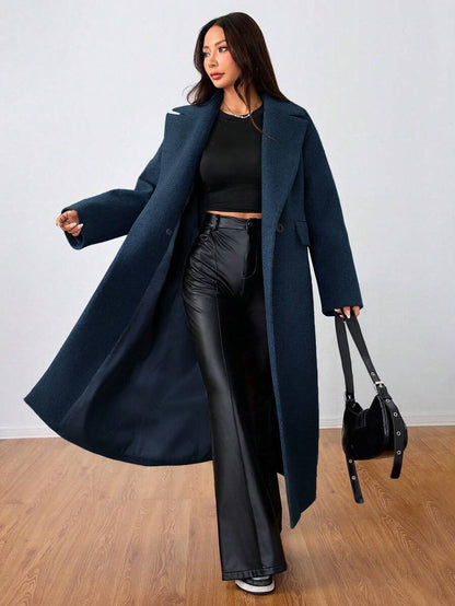 Jolie Oversized Double Breasted Long Coat with Lapel Collar - Navy