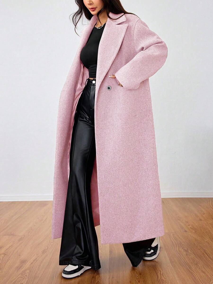 Jolie Oversized Double Breasted Long Coat with Lapel Collar - Pink