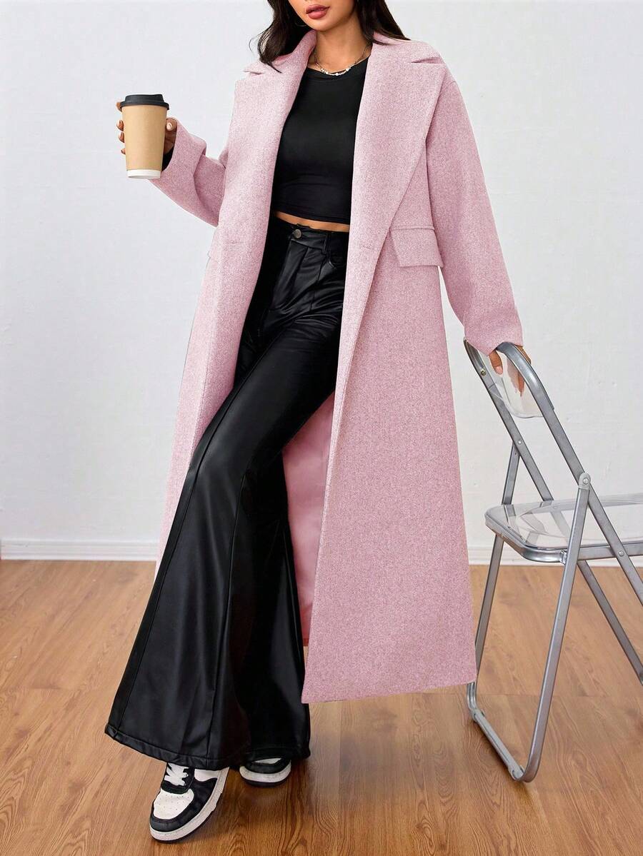 Jolie Oversized Double Breasted Long Coat with Lapel Collar - Pink