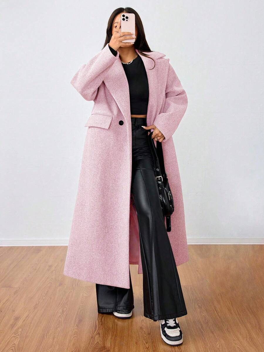 Jolie Oversized Double Breasted Long Coat with Lapel Collar - Pink