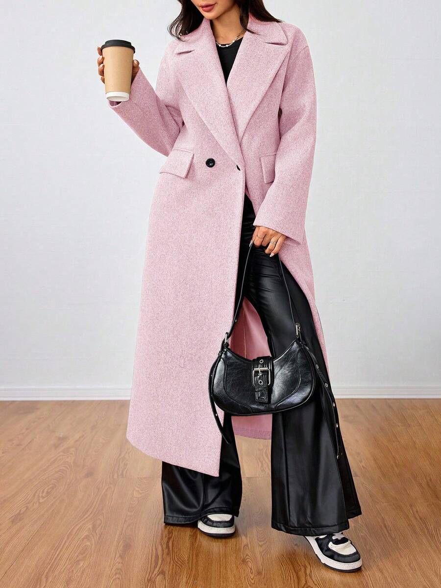 Jolie Oversized Double Breasted Long Coat with Lapel Collar - Pink