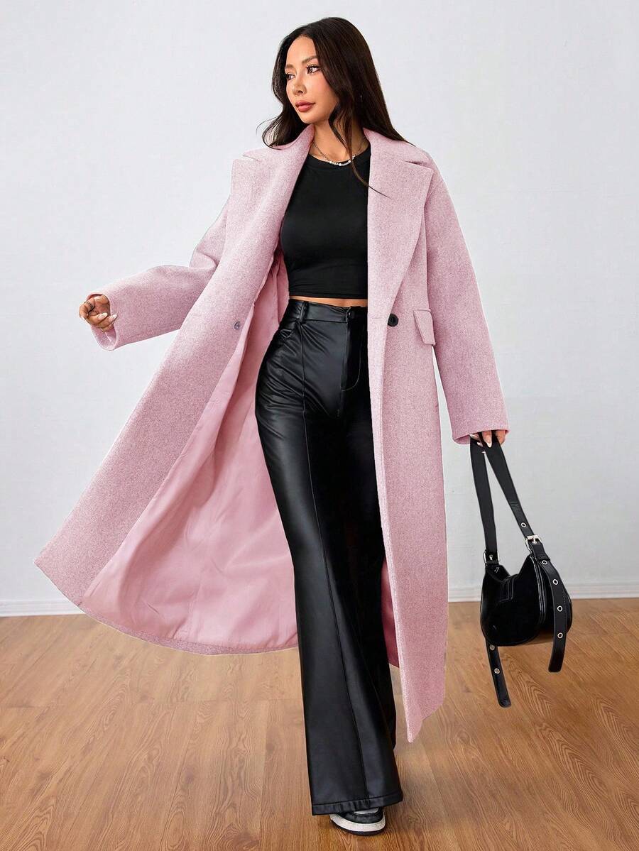 Jolie Oversized Double Breasted Long Coat with Lapel Collar - Pink