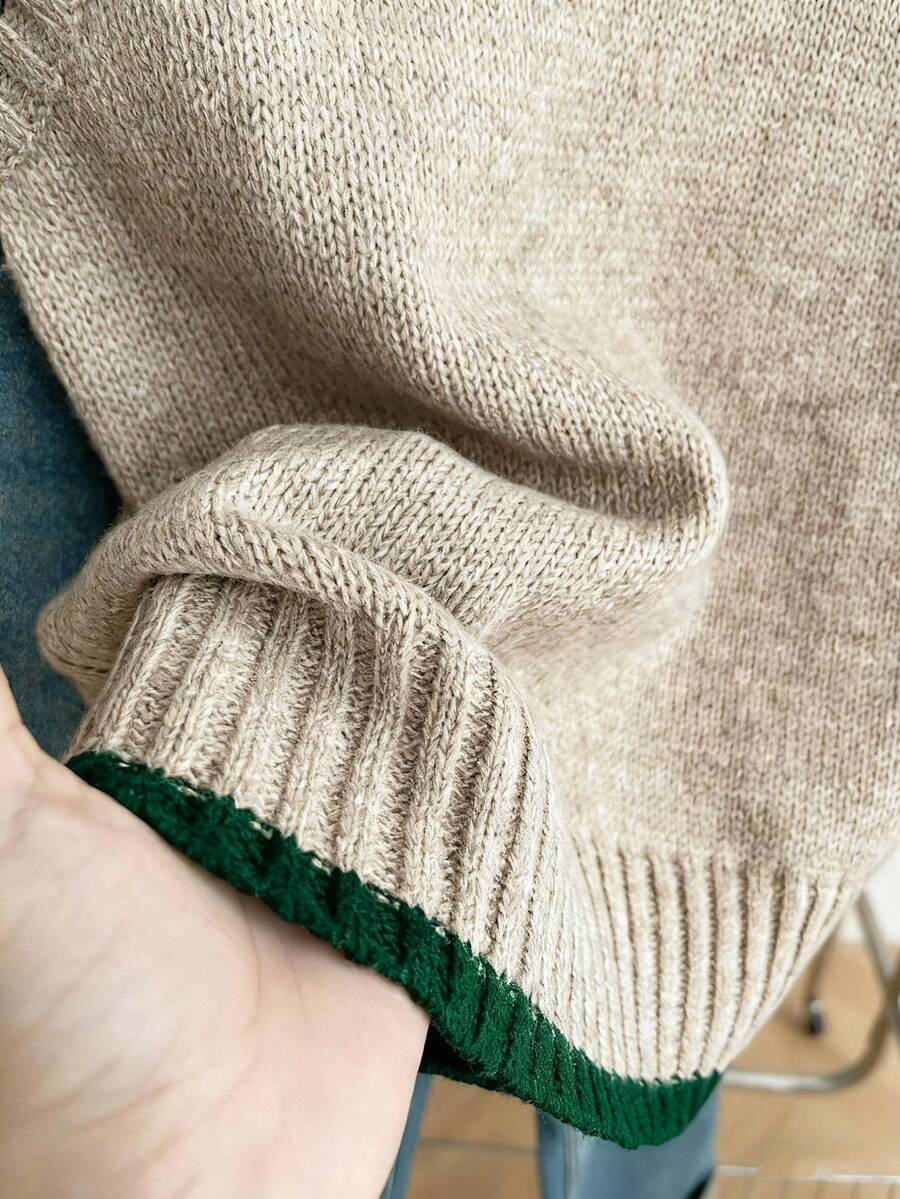 Beatrice Contrast Trim Sleeveless Knit Sweater Vest - Oatmeal with Green Trim
