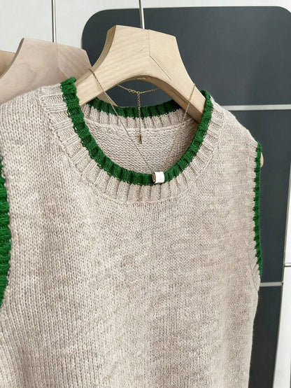 Beatrice Contrast Trim Sleeveless Knit Sweater Vest - Oatmeal with Green Trim