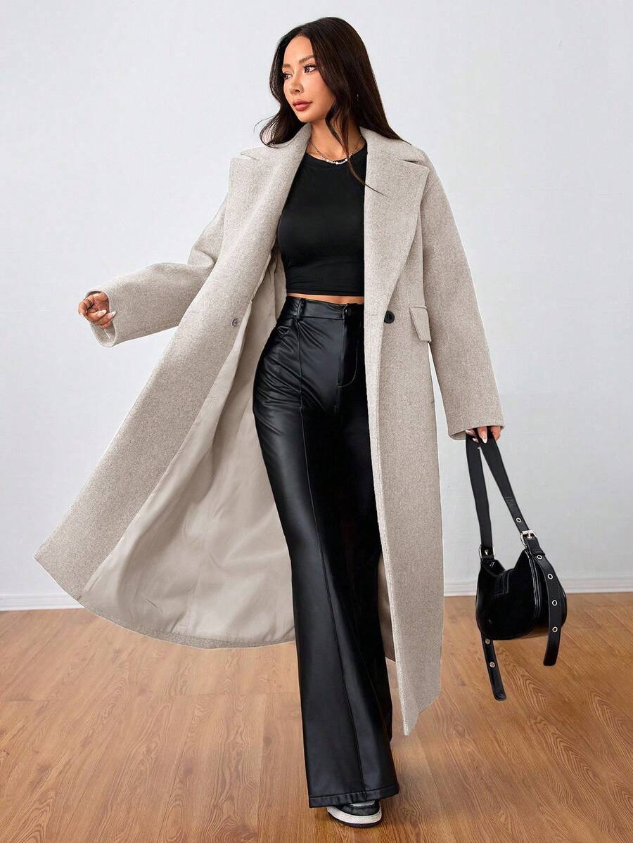 Jolie Oversized Double Breasted Long Coat with Lapel Collar - Oatmeal