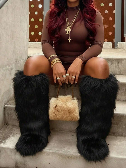 Women's Winter Furry Snow Boots Fuzzy Fluffy Round Toe Suede Booties Flat Heel Slip On Outdoor Indoor Shoes Fashion Warm Fluffy Shoes Mensa