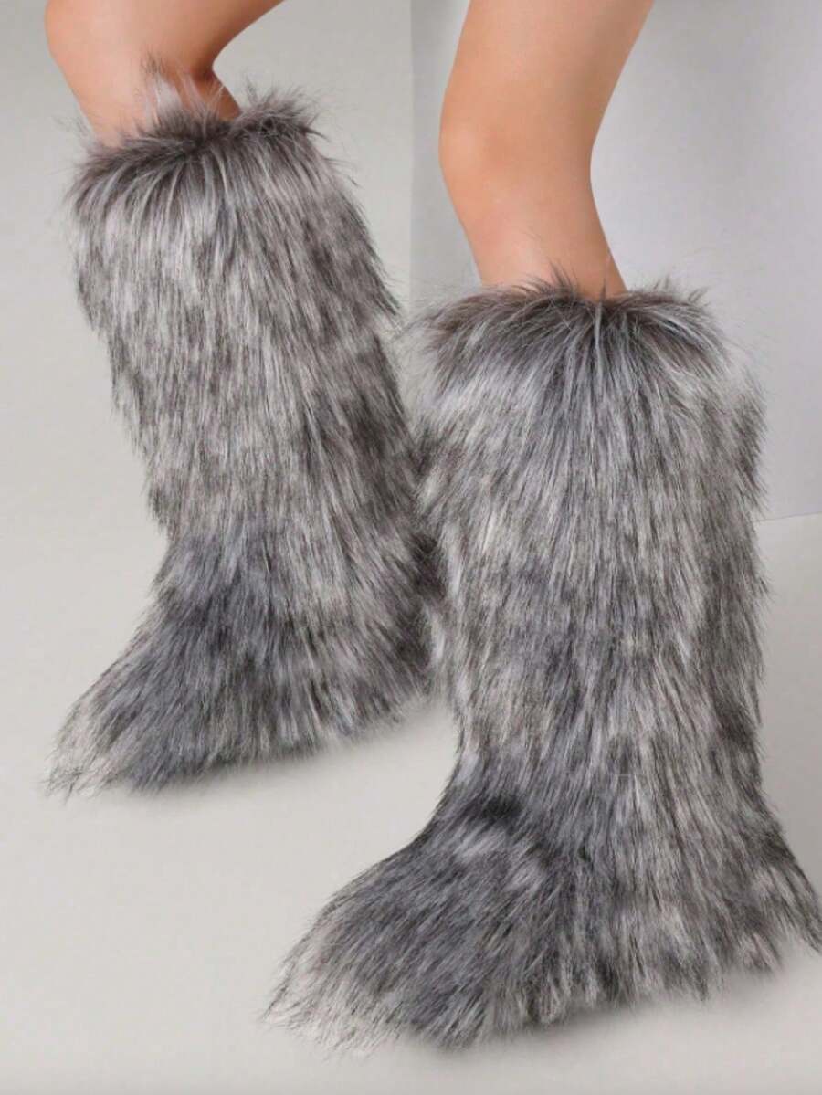 Women's Winter Furry Snow Boots Fuzzy Fluffy Round Toe Suede Booties Flat Heel Slip On Outdoor Indoor Shoes Fashion Warm Fluffy Shoes Mensa