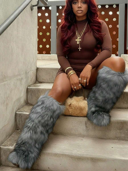 Women's Winter Furry Snow Boots Fuzzy Fluffy Round Toe Suede Booties Flat Heel Slip On Outdoor Indoor Shoes Fashion Warm Fluffy Shoes Mensa