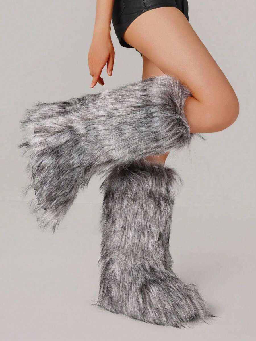 Women's Winter Furry Snow Boots Fuzzy Fluffy Round Toe Suede Booties Flat Heel Slip On Outdoor Indoor Shoes Fashion Warm Fluffy Shoes Mensa