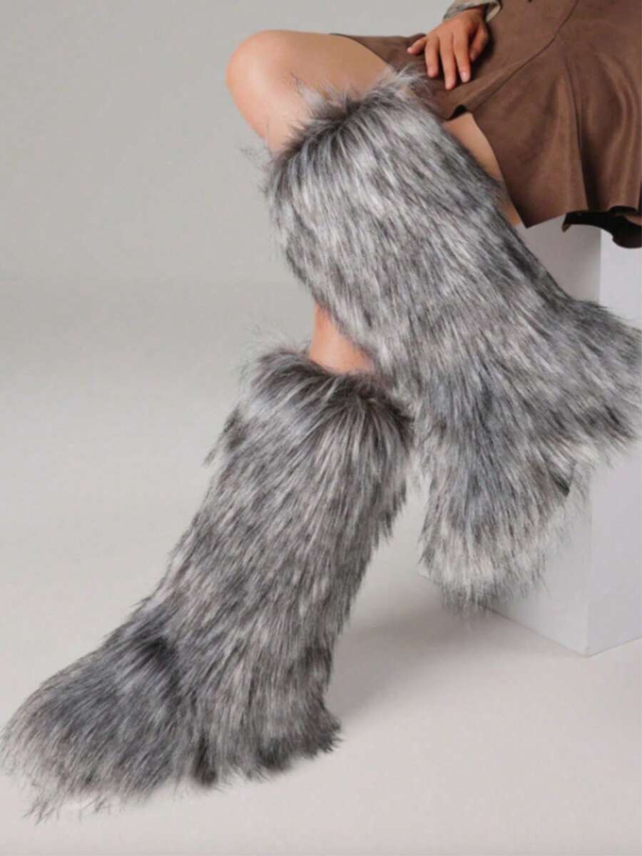 Women's Winter Furry Snow Boots Fuzzy Fluffy Round Toe Suede Booties Flat Heel Slip On Outdoor Indoor Shoes Fashion Warm Fluffy Shoes Mensa