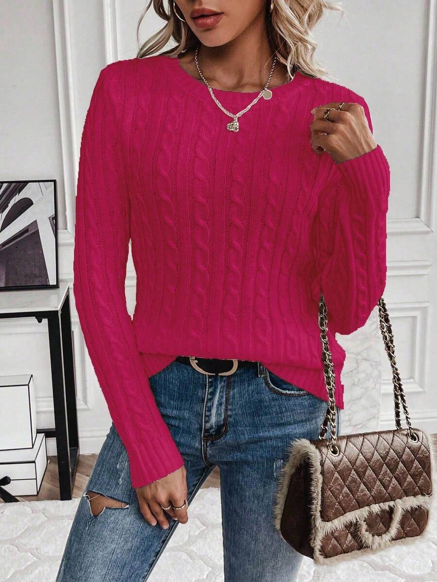 Livia Twist Cable Knit Crew Neck Sweater Fitted Pullover - Raspberry