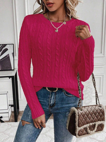 Livia Twist Cable Knit Crew Neck Sweater Fitted Pullover - Raspberry