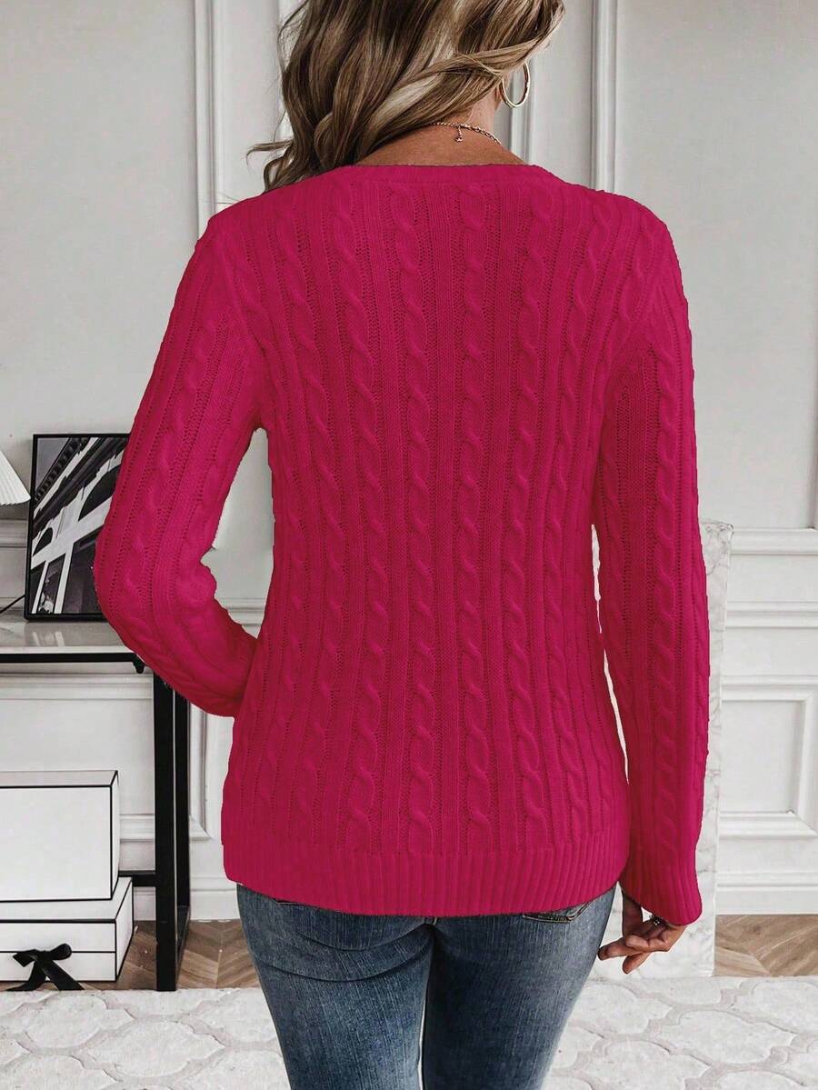 Livia Twist Cable Knit Crew Neck Sweater Fitted Pullover - Raspberry