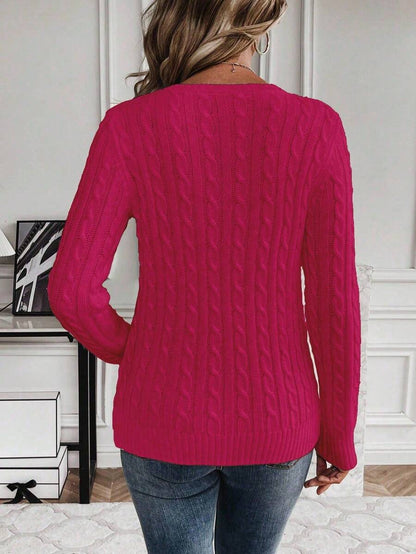 Livia Twist Cable Knit Crew Neck Sweater Fitted Pullover - Raspberry