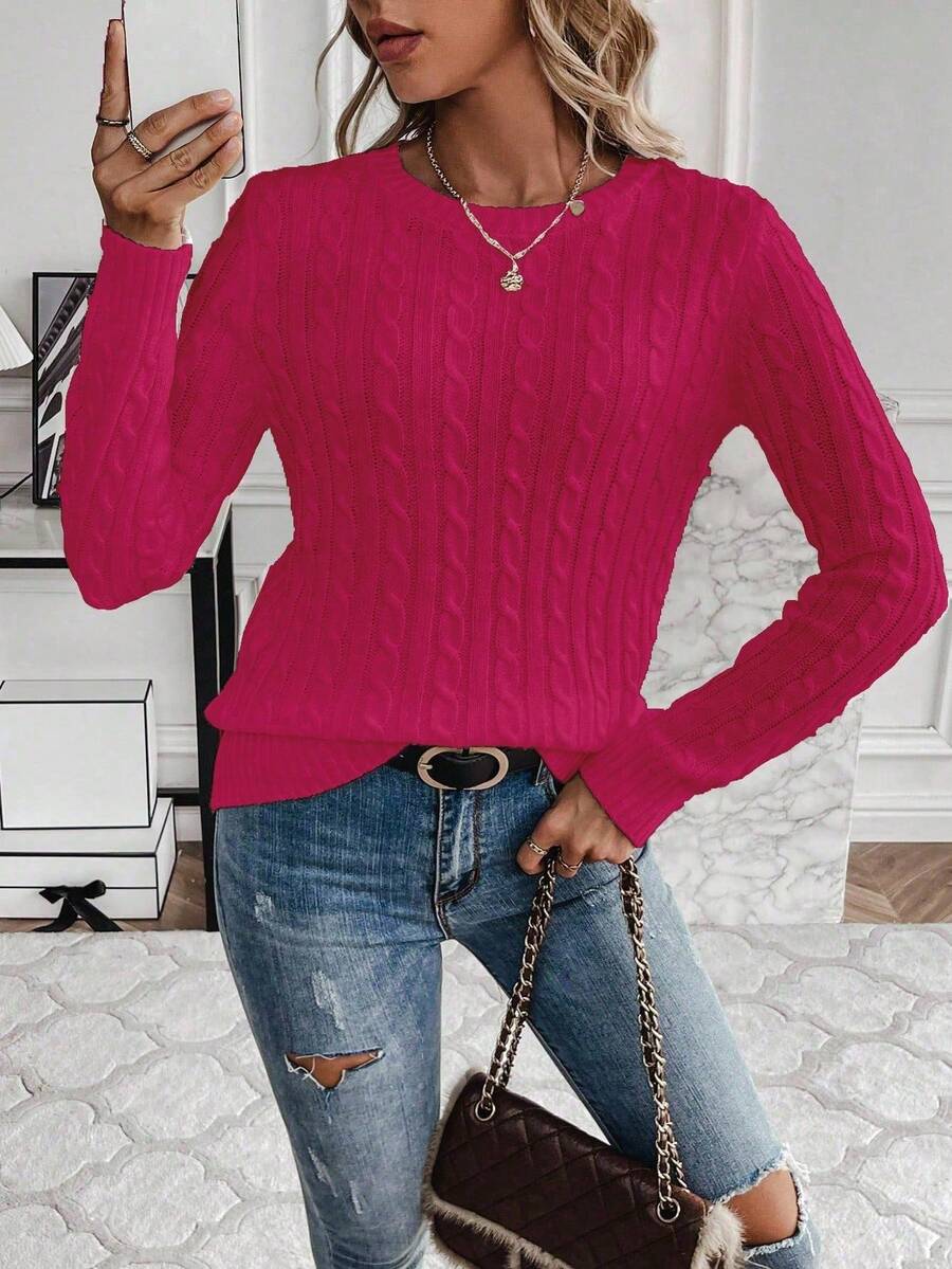 Livia Twist Cable Knit Crew Neck Sweater Fitted Pullover - Raspberry