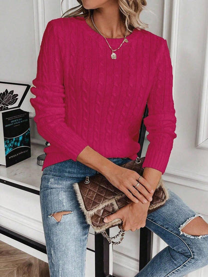 Livia Twist Cable Knit Crew Neck Sweater Fitted Pullover - Raspberry