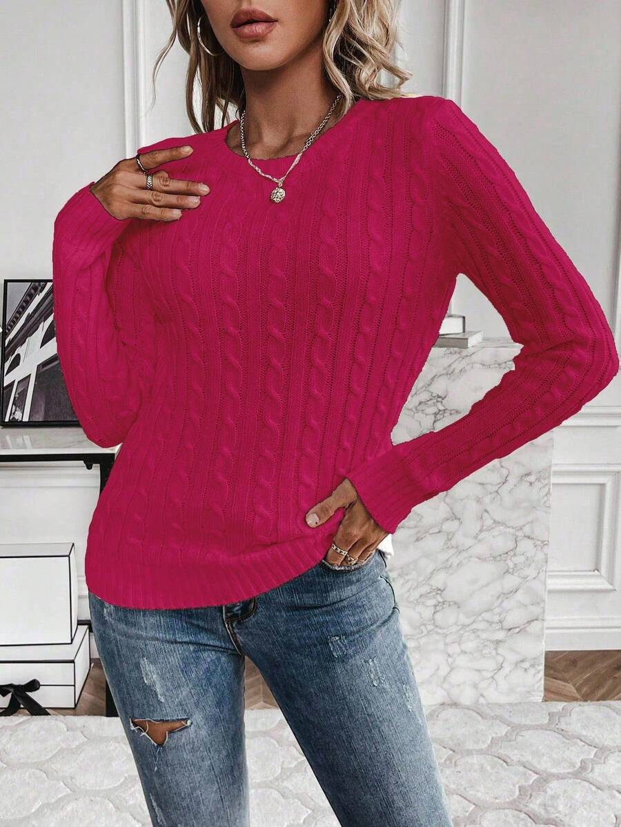 Livia Twist Cable Knit Crew Neck Sweater Fitted Pullover - Raspberry