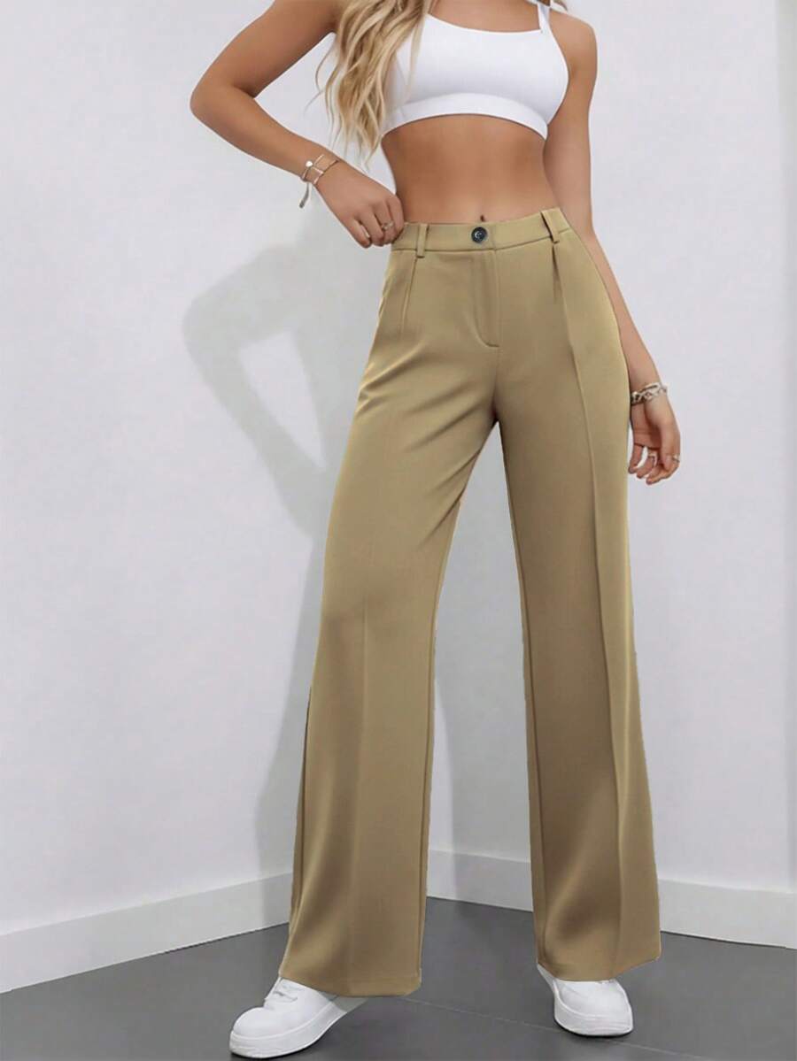 Simone High-Waist Pleated Wide-Leg Trousers with Pockets - Khaki