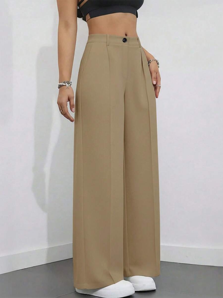 Simone High-Waist Pleated Wide-Leg Trousers with Pockets - Khaki