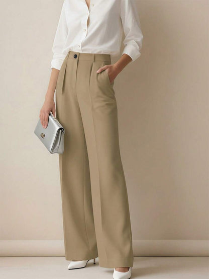 Simone High-Waist Pleated Wide-Leg Trousers with Pockets - Khaki