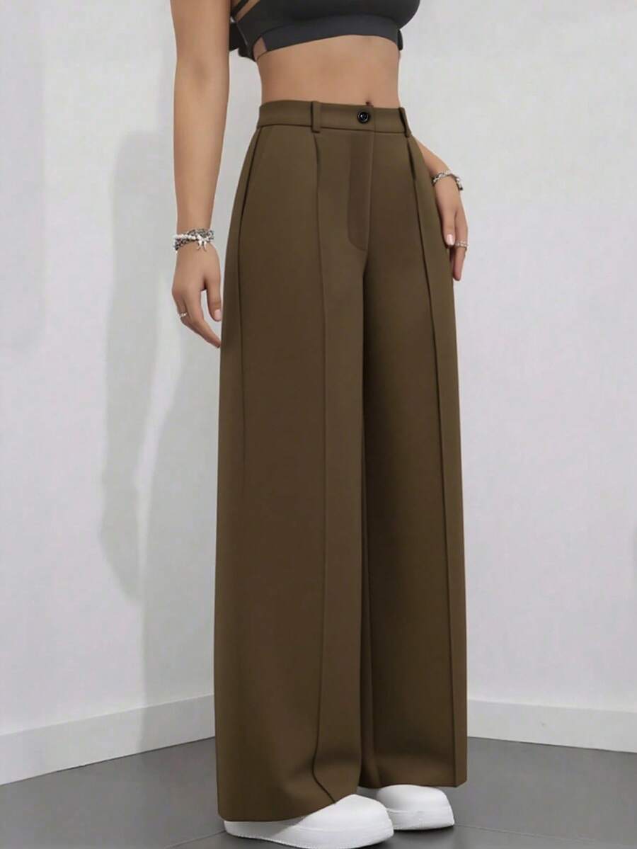 Simone High-Waist Pleated Wide-Leg Trousers with Pockets - Brown