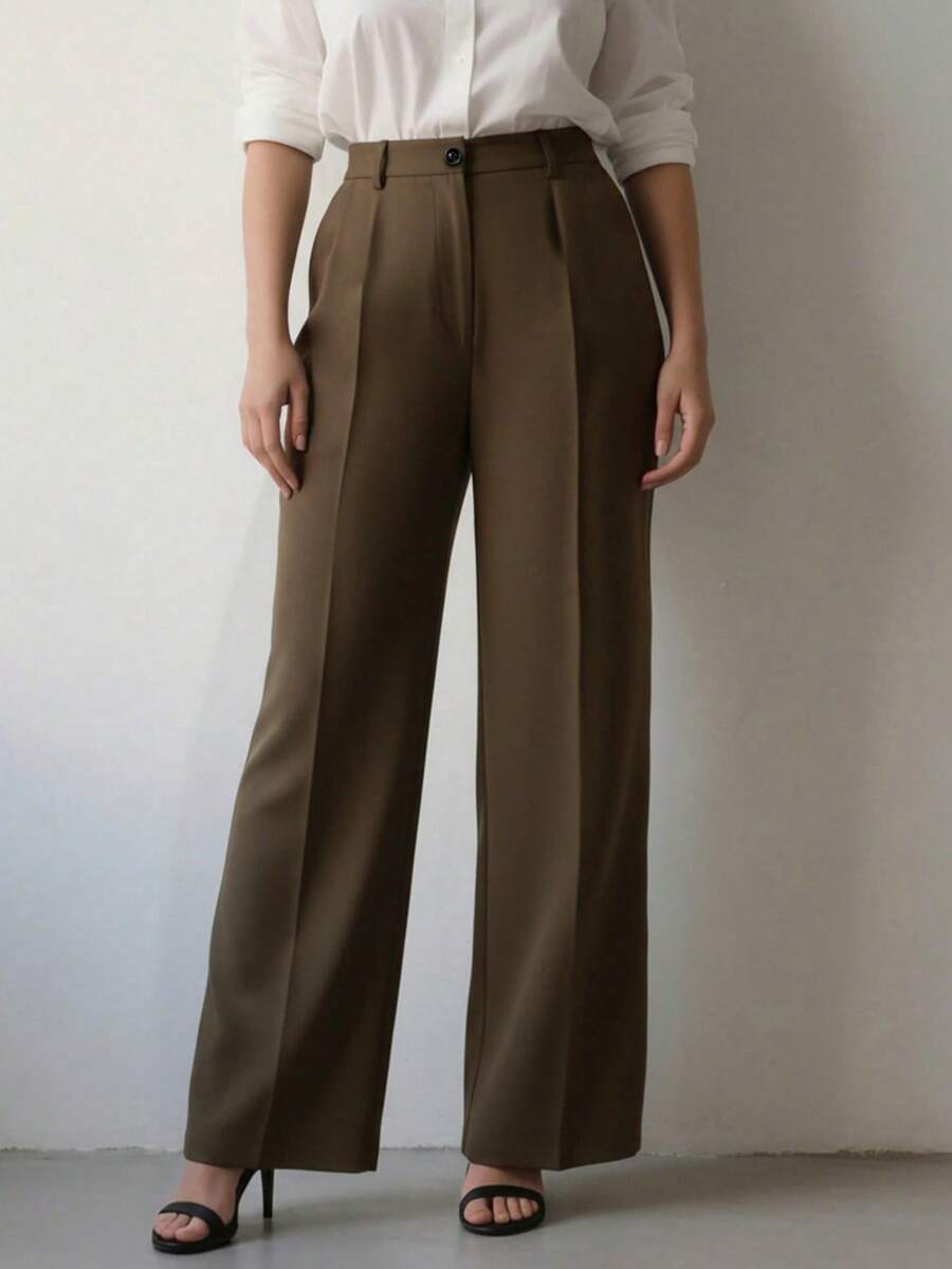 Simone High-Waist Pleated Wide-Leg Trousers with Pockets - Brown