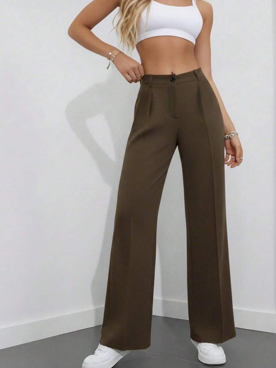 Simone High-Waist Pleated Wide-Leg Trousers with Pockets - Brown