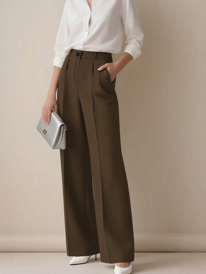 Simone High-Waist Pleated Wide-Leg Trousers with Pockets - Brown