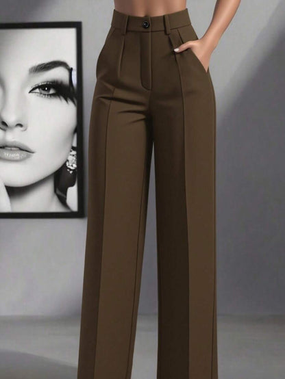 Simone High-Waist Pleated Wide-Leg Trousers with Pockets - Brown