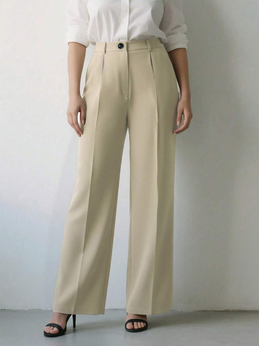Simone High-Waist Pleated Wide-Leg Trousers with Pockets - Beige