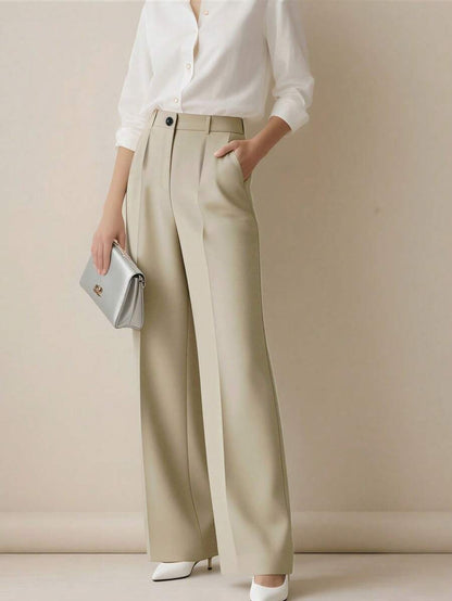Simone High-Waist Pleated Wide-Leg Trousers with Pockets - Beige