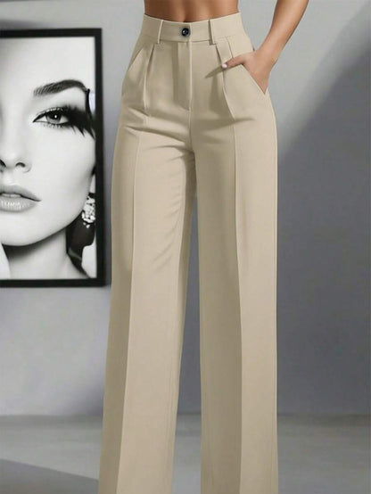 Simone High-Waist Pleated Wide-Leg Trousers with Pockets - Beige