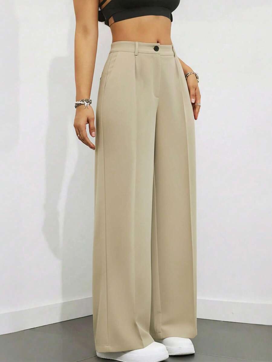 Simone High-Waist Pleated Wide-Leg Trousers with Pockets - Beige