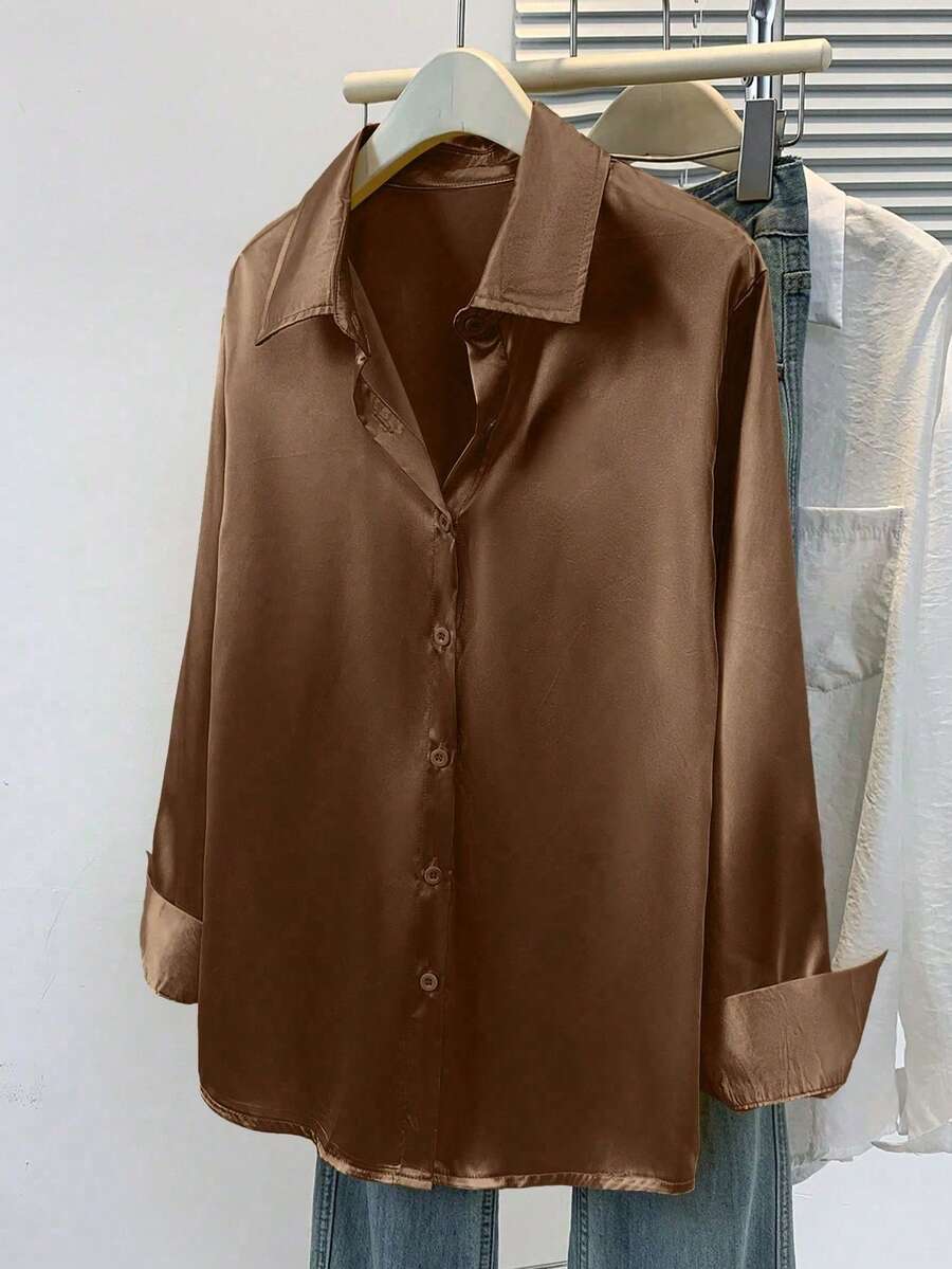 Valeria Satin Long Sleeve Button Down Collared Shirt - Chocolate Brown