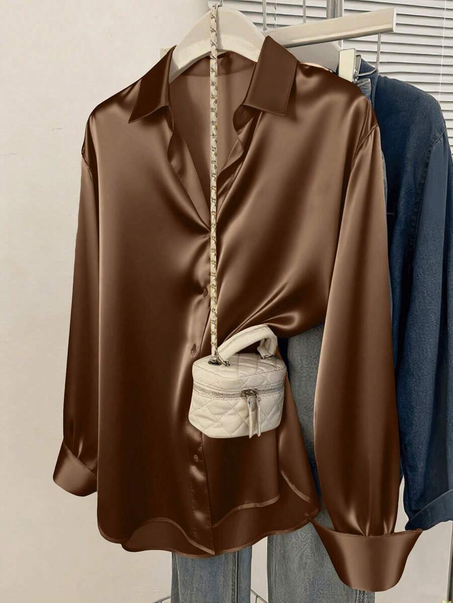 Valeria Satin Long Sleeve Button Down Collared Shirt - Chocolate Brown