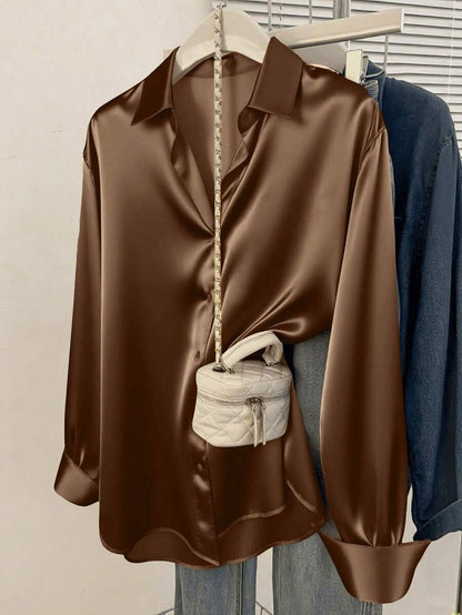 Valeria Satin Long Sleeve Button Down Collared Shirt - Chocolate Brown