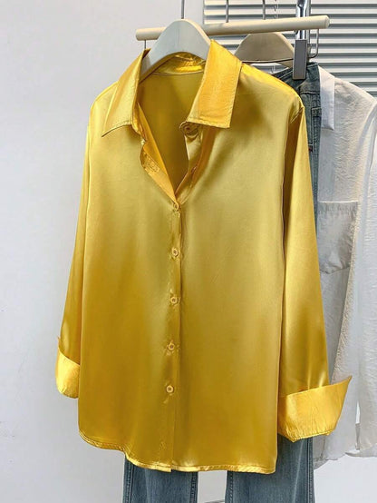 Women's Satin Button Down Shirt, Collared Long Sleeve Silky Blouse for Work and Evening - Rust Brown