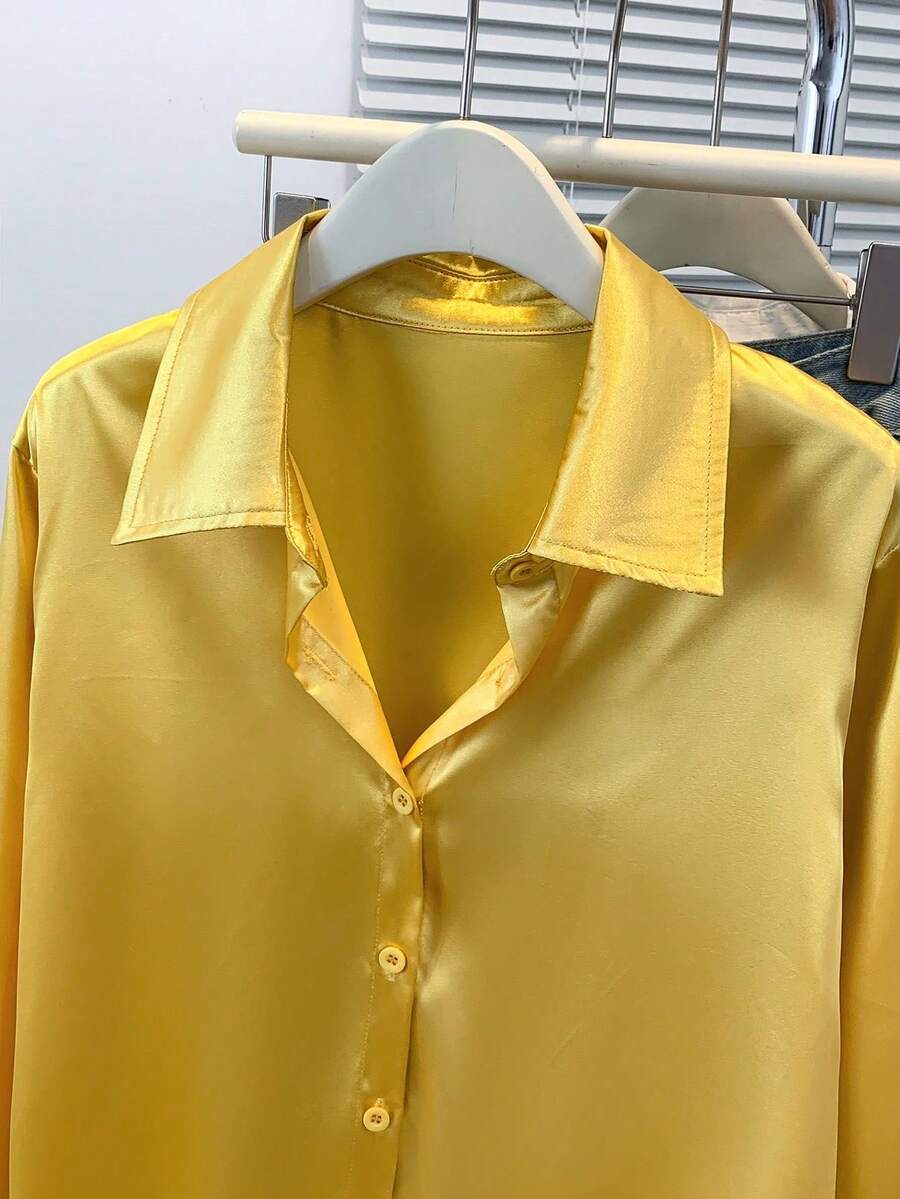 Women's Satin Button Down Shirt, Collared Long Sleeve Silky Blouse for Work and Evening - Gold