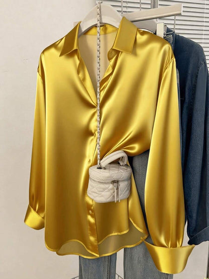Women's Satin Button Down Shirt, Collared Long Sleeve Silky Blouse for Work and Evening - White