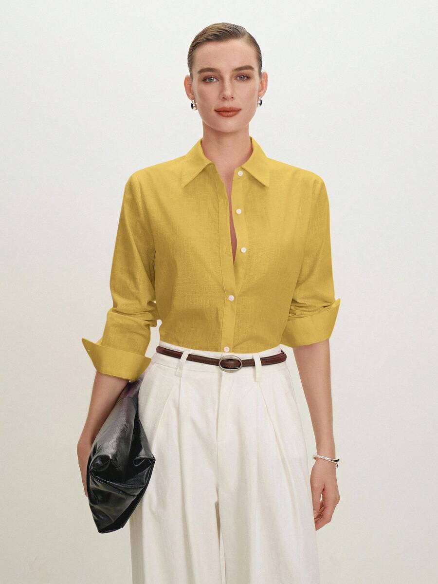 Arabella Classic Collared Button Down Long Sleeve Cotton Shirt - Mustard Yellow