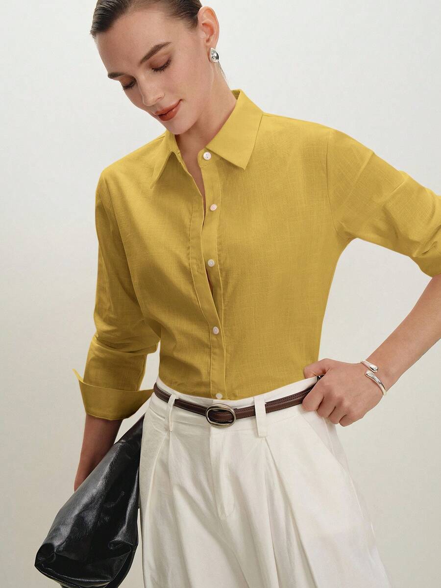 Arabella Classic Collared Button Down Long Sleeve Cotton Shirt - Mustard Yellow