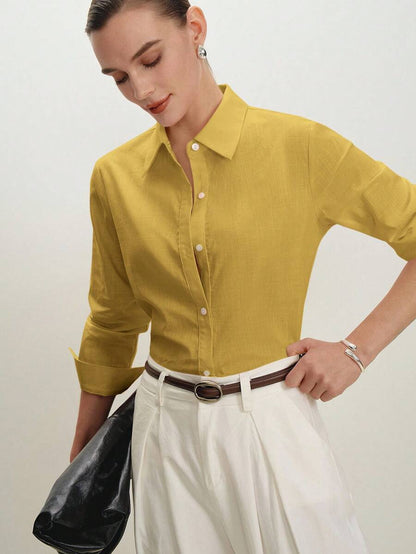 Arabella Classic Collared Button Down Long Sleeve Cotton Shirt - Mustard Yellow