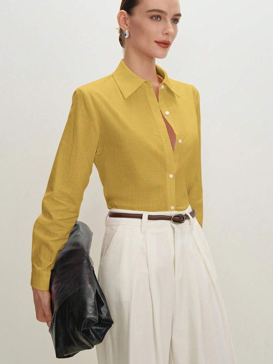 Arabella Classic Collared Button Down Long Sleeve Cotton Shirt - Mustard Yellow