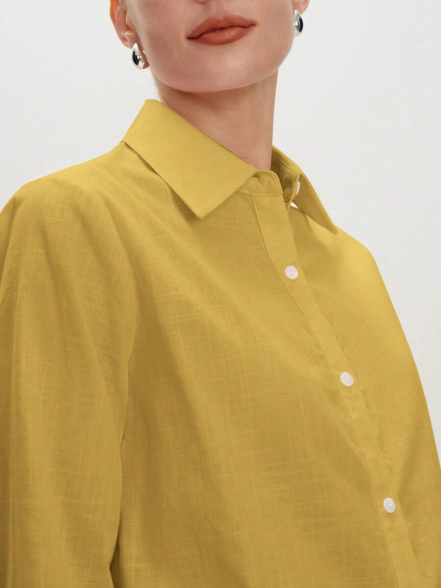 Arabella Classic Collared Button Down Long Sleeve Cotton Shirt - Mustard Yellow