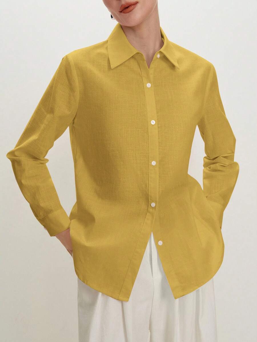 Arabella Classic Collared Button Down Long Sleeve Cotton Shirt - Mustard Yellow