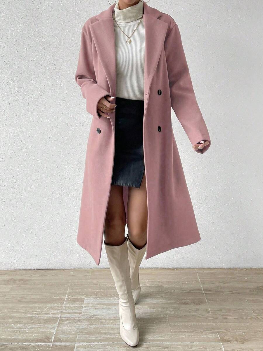 Victoria Classic Double-Breasted Longline Tailored Overcoat - Pink