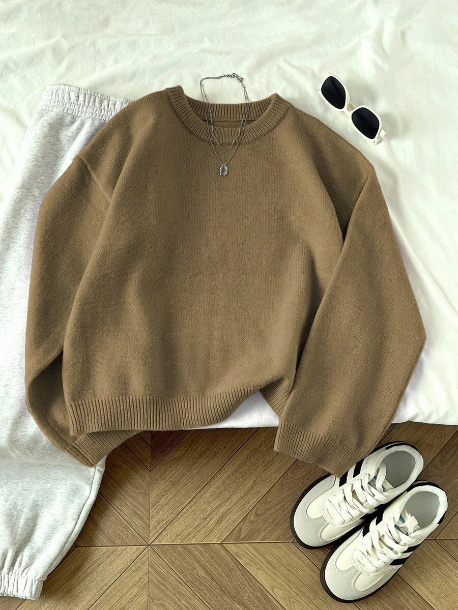 Women's Oversized Crew Neck Pullover Sweater, Relaxed Knit Sweater for Fall Winter - Camel