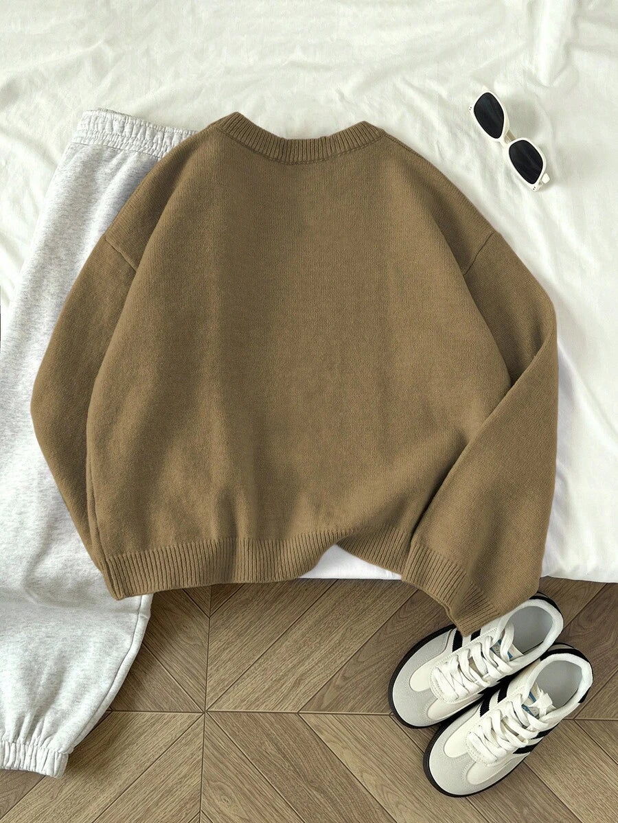Women's Oversized Crew Neck Pullover Sweater, Relaxed Knit Sweater for Fall Winter - Coffee Brown