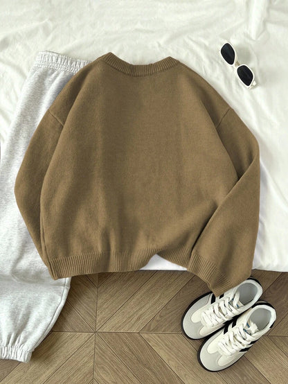 Women's Oversized Crew Neck Pullover Sweater, Relaxed Knit Sweater for Fall Winter - Coffee Brown